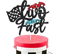 HSC Car Cake Topper, Two Fast Birthday Decorations, Car Cake Decorations - Black Blue Glitter Race Car Design with Checkered Flag for Racing Theme Party Supplies (16x13.7cm)