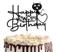 HSC Cat Cake Topper, Cat Cake Decorations, Non-Edible Cake Decorations Cats, Black Glitter Happy Birthday Decoration with Paw & Fishbone Design, Pre-Assembled for Cats Themed Parties (1PC)