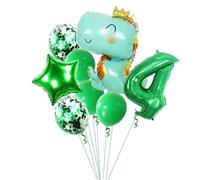 HSC Dinosaur Balloons, Dinosaur Birthday Decorations, 4th Birthday Balloons - HSC Green Dino Party Set with Reusable Foil Balloon, Large Number 4, Star & Latex Balloon for Kids Celebration - 11 PCS