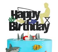 HSC Fishing Cake Topper, Fishing Cake Decorations, Fish Cake Gone Fishing Fisherman Theme for Birthday & Retirement, Kids, Men, Boy Cake Decoration with Glitter Paper (16x13cm)
