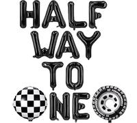 HSC Half Way to One Balloons, 6 Months Birthday Decorations, Half Birthday Decorations Black with Check O Design, Wheel Shape Foil Balloons (16inch, 18inch, 68x75cm) & Ribbon Supplies