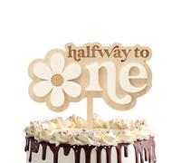 HSC Halfway to One Cake Topper - Half Birthday Decorations, with Daisy Letter O & NE, 2.5MM Engraved Wood & 1.3MM White Acrylic, White Daisy & NE Accents, 6 Months Baby Birthday Party Supplies (1PC)