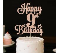 HSC Happy 9th Birthday Cake Topper, 9th Birthday Decorations, Rose Gold Cake Decorations - Glitter Paper Sign for 9th Party, 12x15cm Premium Rose Gold 9 Cake Topper