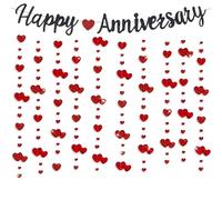 HSC Happy Anniversary Banner, Golden Wedding Decorations, Golden Anniversary Decorations, Red Bunting, Heart Bunting - Black Sparkle Paper Banners with Red Mirror Glitter Heart Garland for Parties