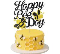 HSC Happy Bee Cake Decorations, Bee Cake Topper, Happy Bee Day Cake Topper with Glitter, Bumble Gold Paper Bee Themed Birthday Party Decorations