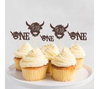 HSC Highland Cow Cake Topper, Farm Birthday Decorations, Farm Animal Cake Toppers Two Styles: Highland Cow & ONE Design, Pre-Assembled Glitter Paper Cupcake Picks for Baby Shower, Party Supplies