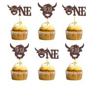 HSC Highland Cow Cake Topper, Farm Cake Toppers, Highland Cow Birthday Decorations Two Styles: Highland Cow & ONE Design, Pre-Assembled Glitter Paper Cupcake Picks for Baby Shower, Party Supplies