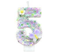 HSC Number 5 Candle, 5th Birthday Decorations Girls, Purple Butterfly Cake Decorations with 3D Gradient Butterfly & White Flower Decor, Paraffin Glitter Candles with Wax Base & Stick