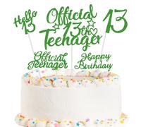 HSC Personalised Cake Topper, 13th Birthday Cake Topper, 13th Birthday Decorations - 5-Piece Glitter Green Teenager Cake Toppers Set, Suitable for 13 Teenager Anniversary Party Cake Decorations