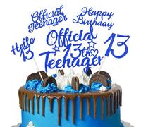 HSC Personalised Cake Topper, 13th Birthday Cake Topper, 13th Birthday Decorations, 5PCS Blue Glitter Number 13 Cake Toppers for Teens, Official Funny Party Supplies for Boys