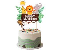 HSC Safari Jungle Animal Cake Toppers with Elephant, Giraffe, Lion & Monkey Designs - Happy Birthday Cake Decorations Paper Wild Forest Theme Birthday Party Supplies,15cm×14cm
