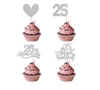 HSC Silver Mini Cake Toppers, 25th Wedding Anniversary Decorations, Silver Wedding Anniversary Decorations, 24Pcs Pre-Assembled Cupcake toppers for 25th Party Supplies