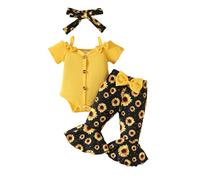 HSD Baby Girl Shoulder Strap Short Sleeve Button Top Flared Pants Set Solid Color Top Floral Pants Three Set New Born Close for Girl (Yellow, 6-9 Months)