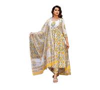 HSD Indian Kurta Set for Women with Dupatta Ethnic Party Wear Kurti Set with Pant, White & Yellow, XX-Large