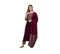 HSD Indian Kurta Set for Women with Dupatta Ethnic Party Wear Kurti Set with Pant, Wine & Gold, S