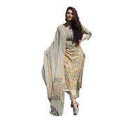 HSD Indian Kurta Set for Women with Dupatta Ethnic Party Wear Kurti Set with Pant, Yellow & Cream, Medium