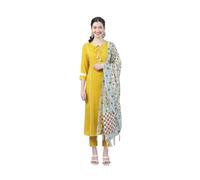 HSD Indian Kurti Set for Women with Dupatta Ethnic Wedding Party Wear Plus Size Dress, Yellow & White, XXXL