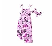 HSD Small And Medium Sized Children's Summer Suspenders And Butterfly Print Long Jumpsuits Floral Dresses for Girls (Purple, 4-5Years)