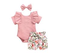 HSD Solid Girls Romper+Floral Shorts+Headband Infant Outfit Baby Print Frill Girls Outfits&Set 6-12 Month Girl Clothes (Pink, 0-6 Months)