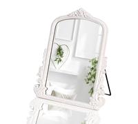 HSDDHOME 11.8" x 9.6" Small White Arched Vanity Mirror, Vintage Makeup Mirror Baroque Style Arendahl Carved Mirror with Frame for Desk Decorative Table Aesthetic for Dresser,Bedroom,Living-Room