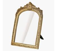 HSDDHOME Golden Vintage Table Makeup Mirror Small Antique Decorative Wall Mirror, Resin Carved Arch Table Mirror with Stand for Living Room, Bedroom Dresser,