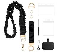 HSDJLXZ Teacher Scrunchie Lanyard with ID Holder, Black Scrunch Stretchy Lanyards with Phone Patch, Retractable Wrist Bracelet for Car Keys