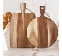 Hsei 2 Pcs Acacia Wood Cutting Board with Handle Wooden Charcuterie Board Large Paddle Carving Chopping Set Butter Serving Tray for Cheese Meat Fruit Pizza Bread Baking(Classic Handle)