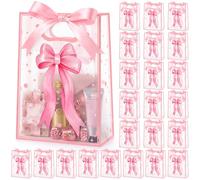 Hsei 24 Pcs Pink Bow Gifts Bag Bulk Clear Coquette Goodies Bags with Handles Treat Candy Bag for Birthday Bridal Shower Wedding Sweet Party Supplies Decoration, 7.1 x 10.2 x 3.1 Inch