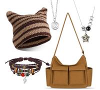 Hsei 5 Pcs Fairy Grunge Accessory Set with Canvas Messenger Bag, Cat Beanie, Multilayer Y2k Star Necklace, Grunge Bracelets, One Size, Agate