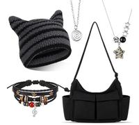 Hsei 5 Pcs Fairy Grunge Accessory Set with Canvas Messenger Bag, Cat Beanie, Multilayer Y2k Star Necklace, Grunge Bracelets, One Size, Agate