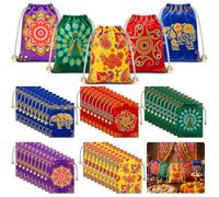 Hsei 50 Pcs Indian Return Gifts for Pooja Bulk Dutch Velvet Jewelry Pouches Drawstring Bags 3.9 x 5.5 Inch Potli Gift Bags Small Coin Purse for Indian Diwali Wedding Navratri, Assorted Festive Motif