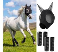 Hsei Mule Horse Fly Mask Set with Fly Boots with Ears Breathable Pony Equine Mask Horses Accessories Large for Pony Miniature Foal Draft Cob Srabian Donkey Farm Pet