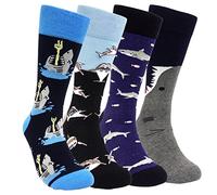 HSELL Mens Fun Patterned Dress Socks Funny Novelty Crazy Design Cotton Socks Gift for Men, 4 Pairs - Shark, One Size