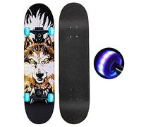 HSGAV 31" Complete Skateboards for Beginners, Double Kick Concave Skateboards With PU Flashing Wheel, 7 Layer Maple Wooden Skateboard for Girls Boys Kids Teen Adults,Wolf