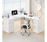 HSH White L Shaped Desk with Drawers Shelves, Large Home Office Corner Computer Desk with Storage File Cabinet, Modern Metal Wood Desk for Executive Writing Study Workstation, 59 Inch Bedroom Table