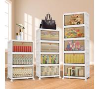 HSHa 5-Tier Stackable Storage Boxes with Lids - Folding Plastic Storage Bins Unit on Wheels with Brakes, Clear Multi-Tier Organiser Drawers for Bedroom Bathroom Kitchen Office, 22L per Tier