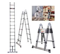HSHa Ladders Extendable Telescopic 3.8M/12.5FT Ladder Stainless Steel Telescoping Ladder A-Frame Multi Purpose with Stabilizer, Portable Loft Ladder Foldable Ladder 12 Steps for Indoor Outdoor