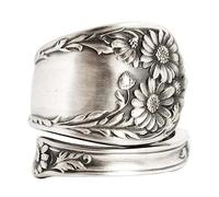 HshDUti 925 Sterling-Silver Oxidized Spoon Ring Adjustable Ring Jewelry Gifts for Women Vintage Victorian Style Antique-Flower Open Adjustable Ring Jewelry Gifts for Mom Grandma Antique Silver (A)