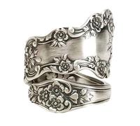 HshDUti 925 Sterling-Silver Oxidized Spoon Ring Adjustable Ring Jewelry Gifts for Women Vintage Victorian Style Antique-Flower Open Adjustable Ring Jewelry Gifts for Mom Grandma Antique Silver (B)