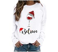 HshDUti Christmas Tops Womens Long Sleeve O-Neck Wine Glass Print Pullover Novelty Funny Graphic T-Shirts Xmas Cap Pattern Tees Holiday Casual Sweatshirt Blouse for Teen Girl Crewneck Jumpers White M