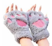 HshDUti Cute Cat Kitten Paw Fingerless Gloves - Cozy Faux Fur Plush Half Finger Touchscreen Warm Mittens Winter Thermal Gloves for Girls & Women - Christmas Gifts - Grey