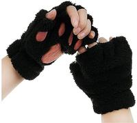 HshDUti Cute Cat Kitten Paw Fingerless Gloves - Cozy Faux Fur Plush Half Finger Touchscreen Warm Mittens - Winter Thermal Gloves for Girls & Women - Christmas Gifts - Black