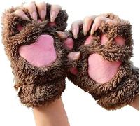 HshDUti Cute Cat Kitten Paw Fingerless Gloves - Cozy Faux Fur Plush Half Finger Touchscreen Warm Mittens Winter Thermal Gloves for Girls Women Christmas Gifts - Brown