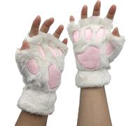 HshDUti Cute Cat Kitten Paw Fingerless Gloves - Cozy Faux Fur Plush Half Finger Touchscreen Warm Mittens Winter Thermal Gloves for Girls Women Christmas Gifts White