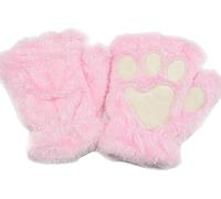 HshDUti Cute Cat Kitten Paw Fingerless Gloves, Pink, One Size, Polyester, Faux Fur, Unisex, Warm, Cozy, Plush, Touchscreen, Winter, Thermal, Halloween, Comic Convention, Christmas Gifts