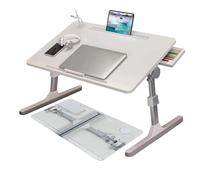 HshDUti Folding Lap Desk - Bed Table with Laptop Stand, Tablet Slot, Height & Angle Adjustable, USB Charge Port, Light & Fan - White