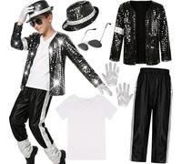 HshDUti Pop Super Star Costume 6pcs Set for Boys Kids, 80s 90s Retro Black Sequin Jacket Trousers Hat Glove Sunglasses, Stage Outfit Halloween Dance Performance Age 3-12 Years Black 4-5 Years