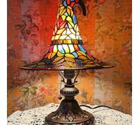 HshDUti Witch Hat Lamps, Handcrafted Stained Glass Gothic Wizard Hat Lights, Small Wizard Hats Shape Spooky Fun Light for Indoor Party Haunted Wiccan Halloween Decor, Halloween Day Gifts Multicolor