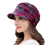 HshDUti Women's Boho Floral Printed Winter Beanie Hat, Fleece Lined, Visor, Rose Red