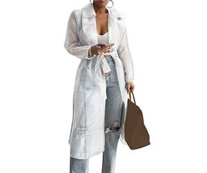 HshDUti Women's Fashion See Through Trench Coat Lace Up Summer Spring Solid Sheer Mesh Long Sleeve Button Coat Shirt Outerwear Cardigan Long Jacket White XL